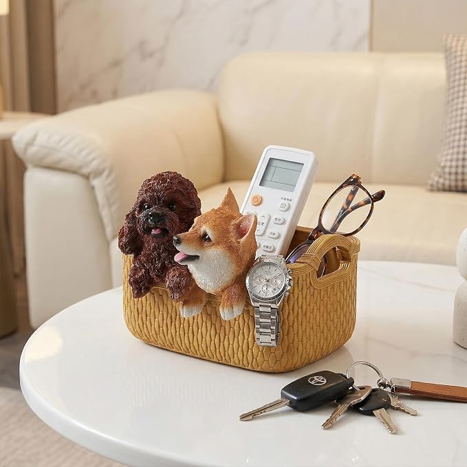 Catchall Bowl Poodle & Shiba Inu Statue - Decorative Entryway Key Holder & Candy Dish - Cute Double Dog Figurine Organizer for Desk & Room Decor - Pet Lover Housewarming Gift