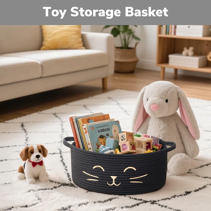 Medium Woven Rope Cat Toy Basket with Cat Face, Black | 13.8" x 6" Cat Toy Storage Bin for Living Room & Nursery, Boho Gift Basket Empty with Sturdy Handles, Cozy Cats Bed