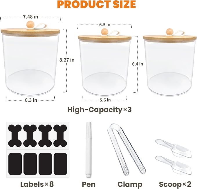 HOYTAMDAR 3 Pack Airtight Dog Treat Containers Bamboo Lids, Dog Treat Jars | Dog Food Storage Container with Scoops, Clamps, Labels and Marker, Dog & Cat Treat Holder