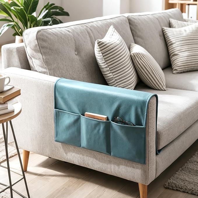 Sofa Armrest Cover with Pockets Set of 2 Furniture Protector Slip Technical Fabric Non Slip Recliner Organizer Remote Holder Caddy Accessories for Living Room Bedroom Kitchen Home 24*43.3 Inch Blue