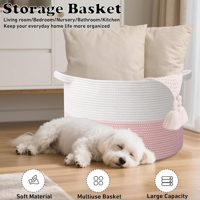 65L Large Pink Woven Cotton Rope Basket with Handles | Kids Nursery Laundry Basket Hamper for Toys, Blankets, Pillows & Comforters, Cute Storage Bin for Bedroom & Playroom