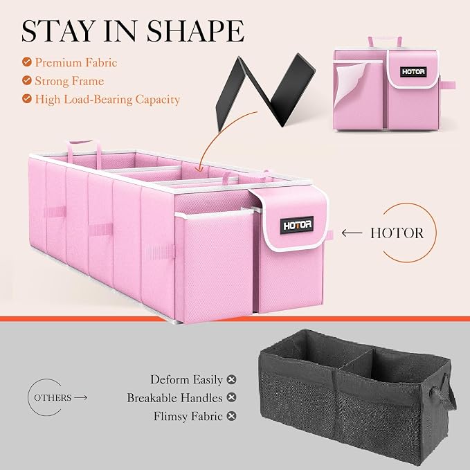 HOTOR Trunk Organizer, Sturdy Foldable with Cooler for Car, Sudan & SUV | Car Organizers and Storage, Detachable Cooler Bag, for Tools, Camping, 3 Compartments, Pink, 31.5” x 12.6” x 10.6”