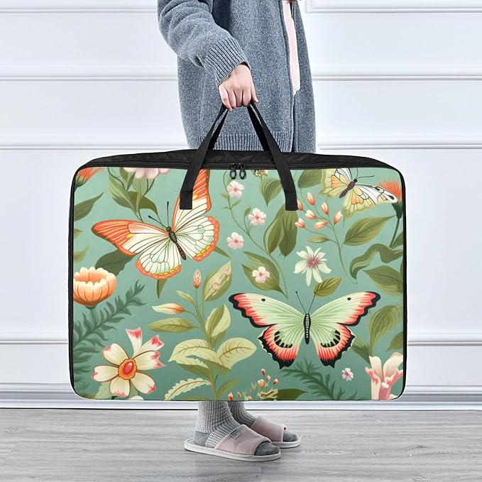 Comforter Storage Bags Large Folding Blanket Organizer Bag with Strong Handles Clear Window Closet Storage Containers for Clothes King Queen Pillows Bedding Quilt Duvet Sage Green Butterfly Flo