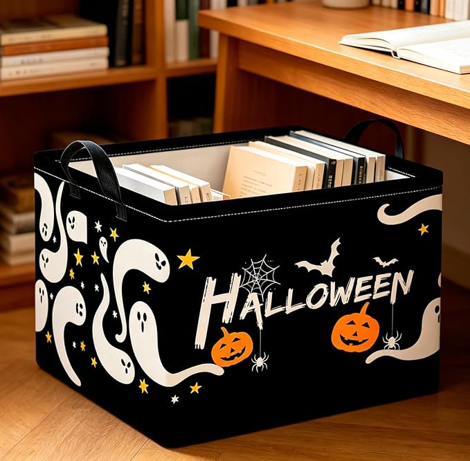 CLOCOR Rectangular Storage Basket,Collapsible Cute Pattern Storage Bin,Waterproof Books Box with Handles,Gift Basket(Serpentine Ghost Halloween)