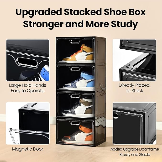 8 Pack Drop Side Shoe Boxes, Large Stackable Shoe Storage, Thick Plastic | Sneaker Storage with Magnetic Door, Shoe Organizer for Closet, Sturdy Shoe Containers, Sneaker display Case Fit up to Size 13