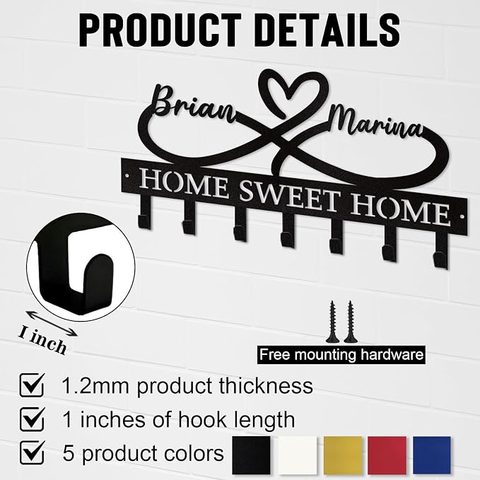 Personalized Couple Key Holder for Wall, Custom Heart Name Hooks | Heart infinity metal key rack for bedroom decor, rust-resistant finish, ideal wedding, anniversary and new home gift