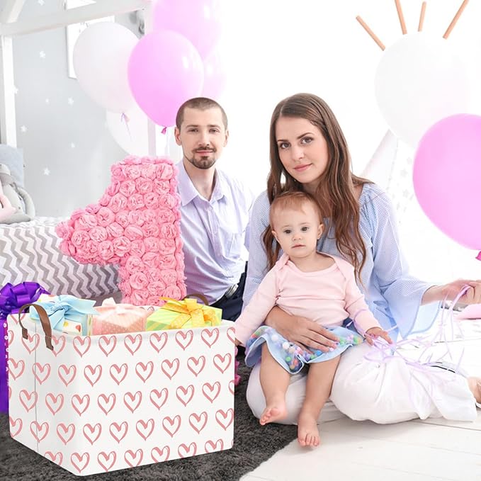 FXOLCSHE Rectangular Valentines Basket,baby Gift Baskets Empty,Pink Gift basket with Handle Organizer,Heart Print easter Baskets,Girl Room Decor(Pink hearts)