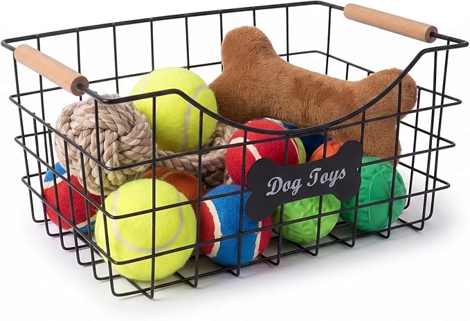 Dog Toy Basket, Metal Dog Toy Bin with Wooden Handles | Sturdy Wire Pet Storage Basket Organizer for Dog Toys, Leashes, Treats, Blankets and Grooming Supplies-14 x 9.4 x 6.6 in