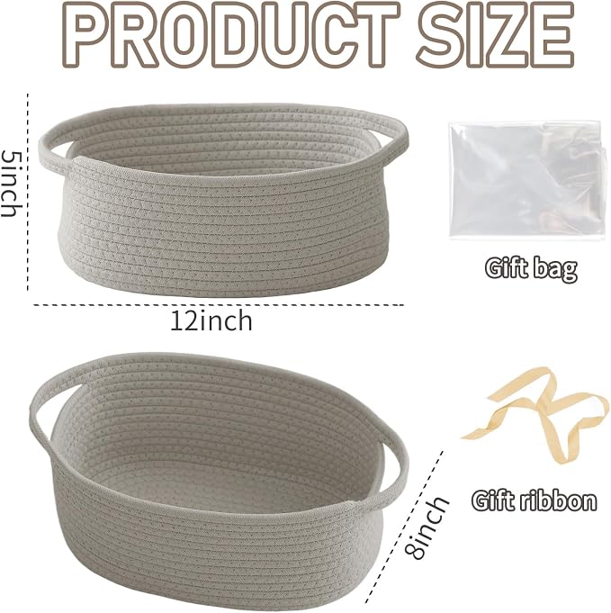 JMvicyroam Small Woven Basket, Empty Gift Basket, Grey/1 Pack | Small Gift Basket, Cotton Rope, 12 x 8 x 36 in, Handles, Includes Ribbon and Bag, Birthday Gift Basket