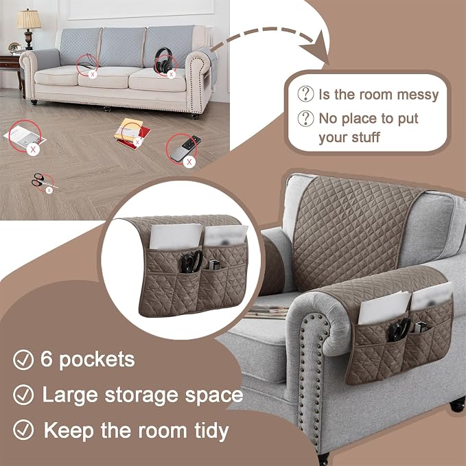 Water-Resistant Sofa Armrest and Headrest Covers with Side Pocket | Keep remotes close quilted polyester helps guard against wear, pet scratches, and kids' messes silicone backing adds grip