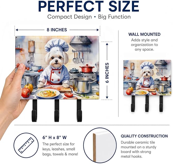 Caroline's Treasures Maltese The Chef Leash or Key Holder Wall Hooks, Key Hooks Holder, Coat Rack Wall Mount, Coat Hooks, Hooks for Hanging Keys, Towels, Aprons, Leashes | Maltese The Chef artwork on ceramic tile with three steel hooks for keys, leashe...
