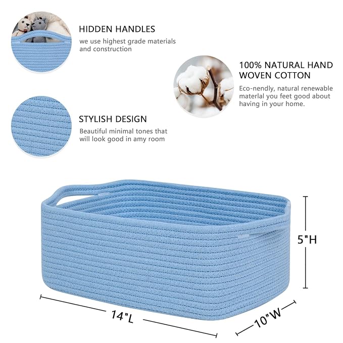 CubesLand Cute and Durable Small Cotton Rope Basket for Organizing | Woven Closet Storage Bin,Shelves Closet Storage Basket, Bathroom Storage Organizer Bin, Nursery Toy Basket Bin, Blue Basket
