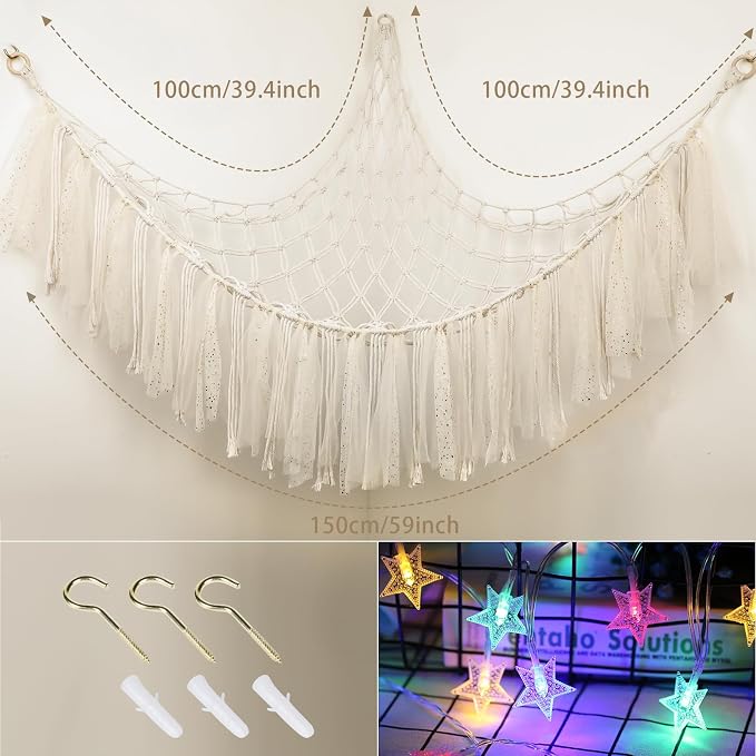 Stuffed Animal Hammock with LED Lights - 59 Inch Large Toy Storage Net for Kids Bedroom, Wall-Mounted Plush Organizer with Wooden Rings, Nursery Decor (Handwoven, White)