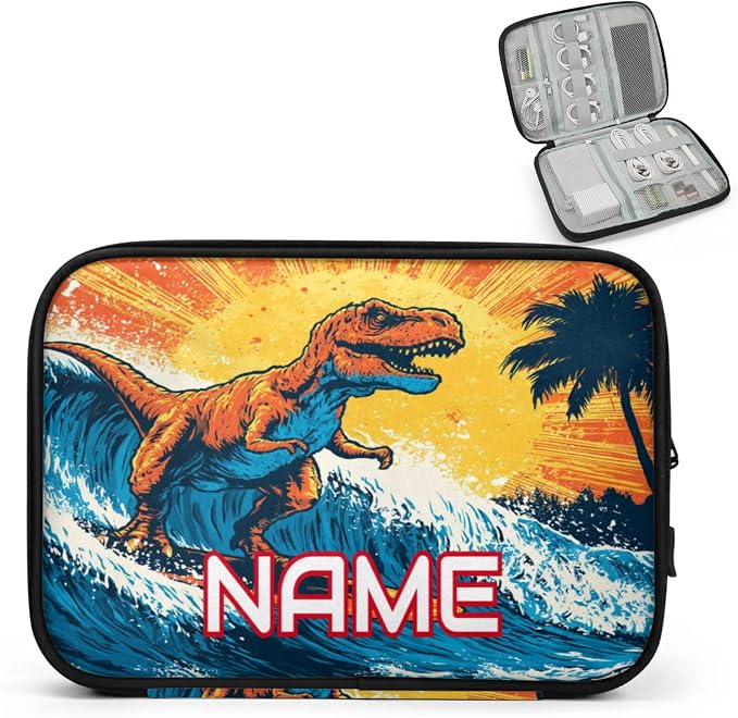 Custom Electronics Organizer Retro Surfing Dinosaur Travel Cable Pouch Large Tech Accessories Case Waterproof Cord Storage Bag for Power Bank Charger Phone Earphone