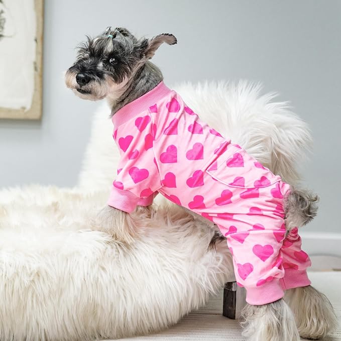 PUPTECK Soft Fleece Pink Heart Dog Pajamas for Small Medium Dogs, Dog Onesie Puppy Sweaters Clothes Jumpsuit Pjs, Cute Jammies Cat Coat Pet Costume Apparel