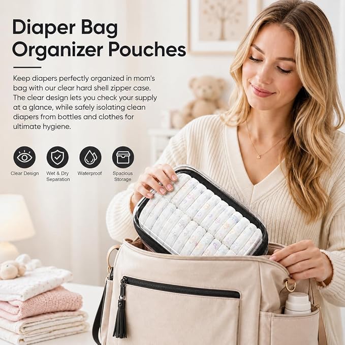 3 Pack Clear Hard Shell Zipper Case (1XL + 1L + 1M, Black) | Travel Toiletry Bag, Waterproof 1.2mm PET Hard Plastic Pouches, Organizer Box for Makeup, Toy, Snack, Stationery, Diaper