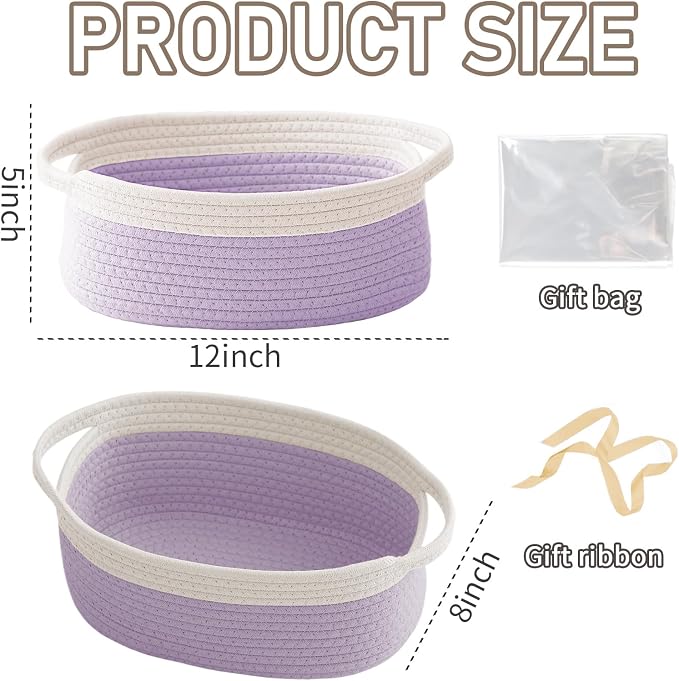 JMvicyroam Small Woven Basket, Empty Gift Basket, White&Purple/2 Pack | Small Gift Basket, Cotton Rope, 12 x 8 x 55 in, Handles, Includes Ribbon and Bag, Birthday Gift Basket