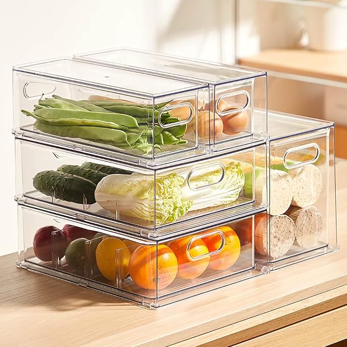 4 pack Stackable Fridge Drawers Pull-Out Bins Divided Produce Saver Containers for Refrigerator Storage Organizers for Veggie Fruit Berry Pantry Cabinet Makeup Clothes