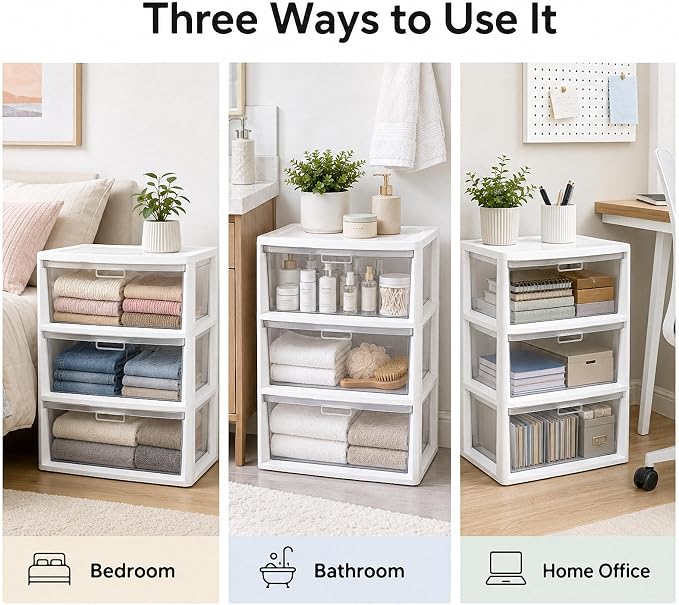 3 Drawer Plastic Storage Tower Wide Organizer for Closet Bedroom (White) | Stackable wide drawers for clothes, toys and crafts. Durable see-through plastic provides quick visibility.