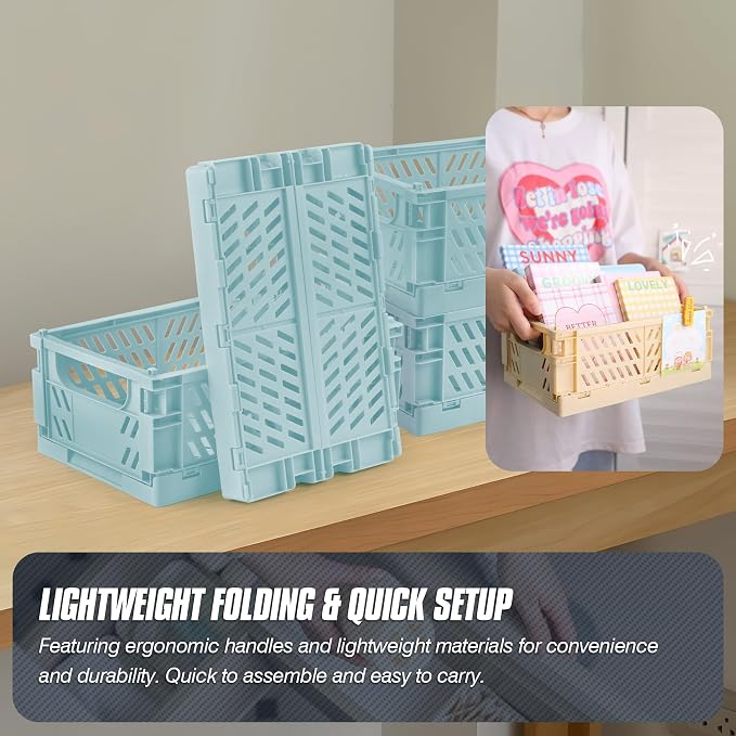4 Pcs Collapsible Storage Crates, 10x6.5x4 inches Space-Saving Folding Containers, Stackable Plastic Boxes for Home Kitchen Office Bedroom Bathroom, Light Blue, Medium