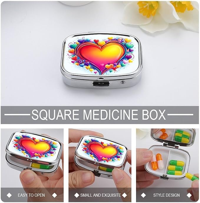Love Heart Durable Metal Pill Case for Daily Use, 2 Slot Medicine Box Organizer,Leak Proof Travel Pill Container for Vitamins, Compact Pocket Medicine Holder for Seniors,Holiday Gift