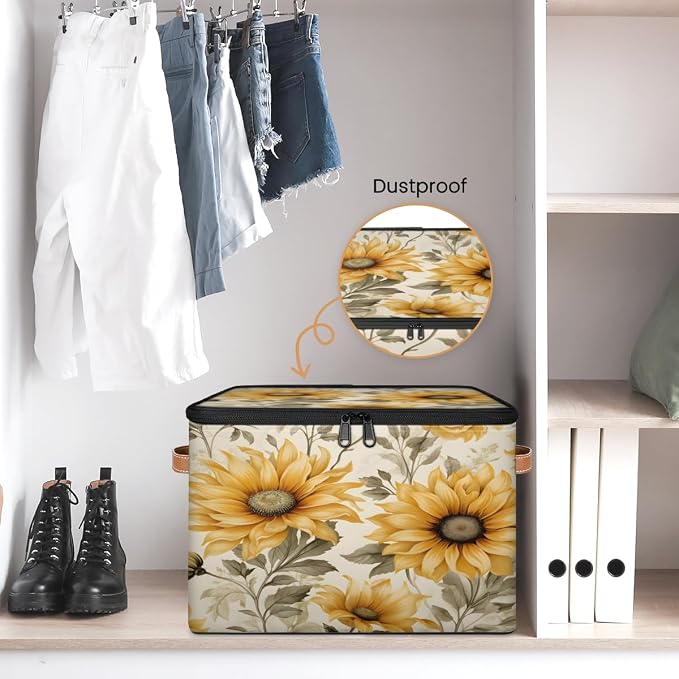 Pardick Flower Sunflower Storage Bins Storage Basket with Zipper Lid & Handle Foldable Storage Box Storage Cube Bin Clothes Organizer for Closet, Bedroom