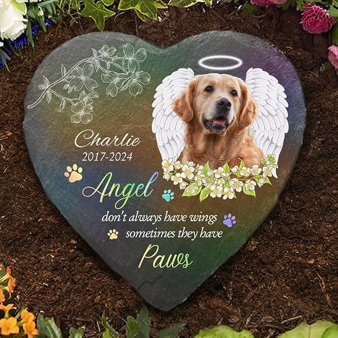 Wrappiness Pet Memorial Stone - Angels Sometimes Have Paws, Personalized Dog Memorial Gifts, Remembrance Condolences Bereavement Gifts for Loss of Pet Custom Photo (Heart 07, Stone with Stand)