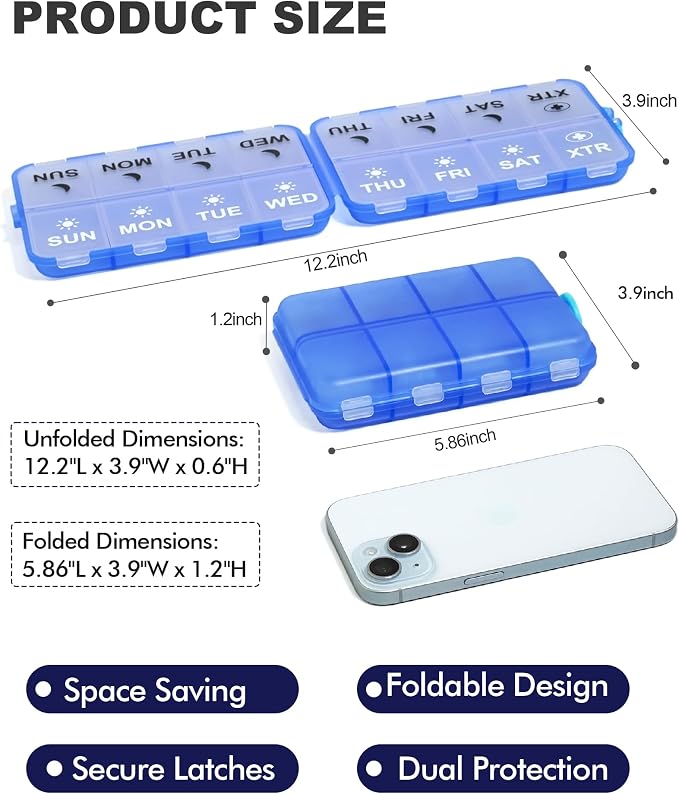 Pill Organizer Travel Medicine Organizer - Weekly Pill Organizer with 2 Extra Compartments, Clear Printed Labels, AM PM Pill Dispenser