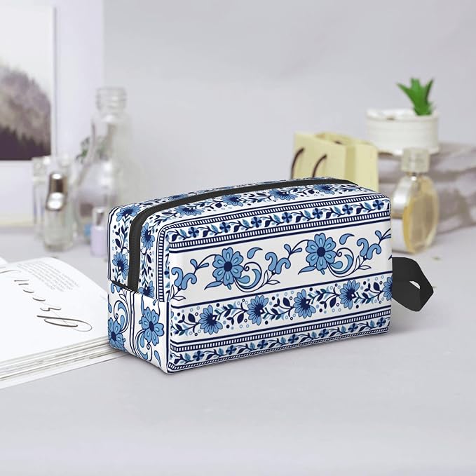 Blue & White Aesthetic Makeup Bag - Durable 600D Oxford Fabric Travel Cosmetic Bag, Shockproof Foam Padded Toiletry Organizer for Gym & Daily Use 10x6.2x4.9 Inch