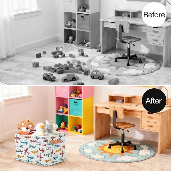 Pardick Storage Baskets Bin, Cute Cartoon Airplane Collapsible Canvas Fabric Storage Bin Decorative Baskets Toy Organizer Rectangle Storage Boxes with handles for Home Shelves Nursery,1Pack,C-05