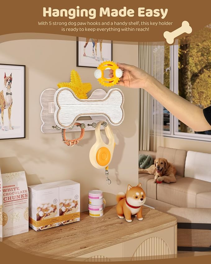 MTERSN Dog Leash Holder for Wall with Key Hooks for Dog Lover Gift, White | Chic 3D Puppy Paw Hooks, Doggie Bone Shape Key Rack Wall Mount with 5 Hooks, Display Shelf, Ideal for Treats & Dog Food