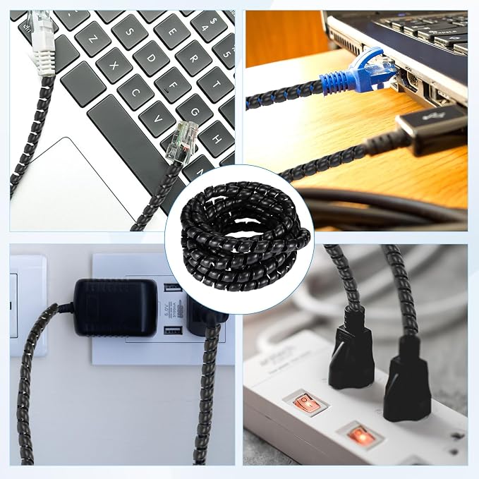 Flutesan Dog and Cat Cord Protector 24.6 ft 10 mm Spiral Cable Wire Wrap from Pets No Chew Cat Proofing Cords 5 Pcs/Pack for TV Computer Ebike Electrical Wire(Black)