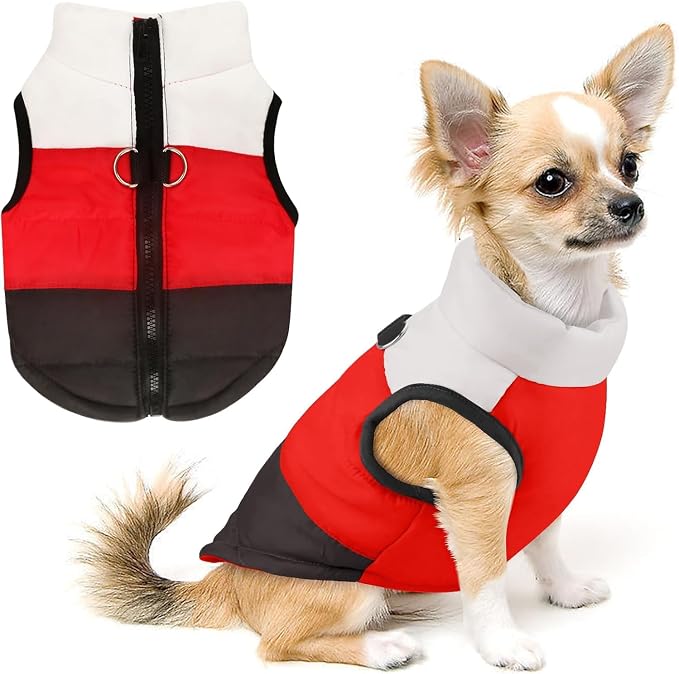 Idepet Pet Dog Cat Coat with Leash Anchor Color Patchwork Padded Puppy Vest Jacket Teddy Chihuahua Costumes Pug Cloth XS S M L(XX-Large,Black)