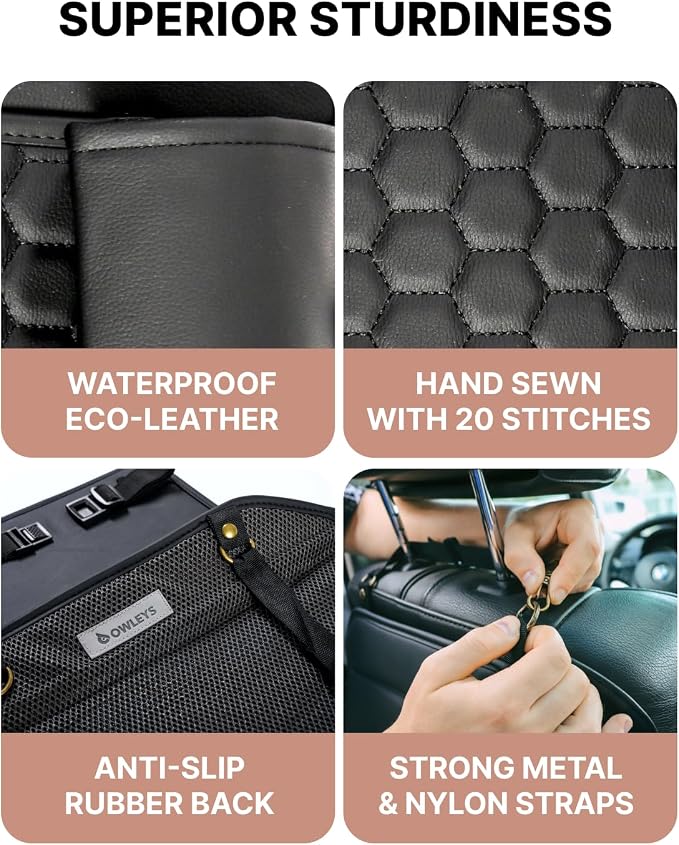 Owleys Back Seat Organizer for Kids with Seat Protector, Black Set | Hanging faux leather organizer, 8 pockets and a clear tablet pocket, with a kick mat that shields the seat back.