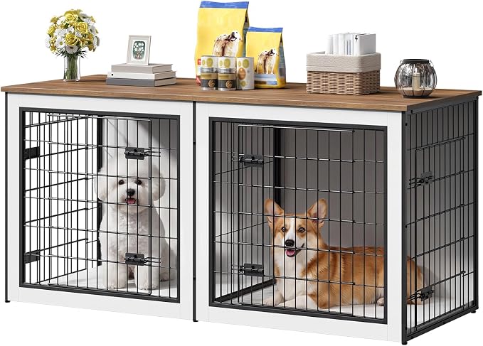 HOOBRO Dog Crate Furniture for 2 Dogs, 63" Large Double Dog Crate Furniture with Divider, Wooden Indoor Kennel TV Stand for Medium Large Dogs, White and Walnut WH55GW03