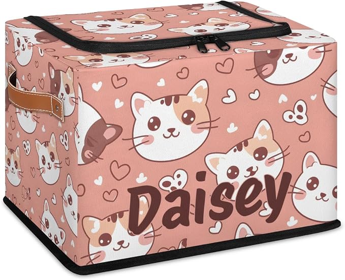 Custom Cute Cats Storage-Bin With Zipper Lid for Kids-Girls-Boys-Baby-Pet,Personalized Name Foldable Storage Box with Handle,Baby Basket With Label for Bedroom Nursery Toy Clothes,Pink