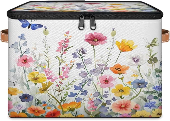 Pardick Storage Bin Wildflorals Flower Storage Baskets with Zipper Lid & Handle Foldable Closet Shelf Cloth Organizer Basket Cube Bins Clothes Organizer for Nursery, Bedroom