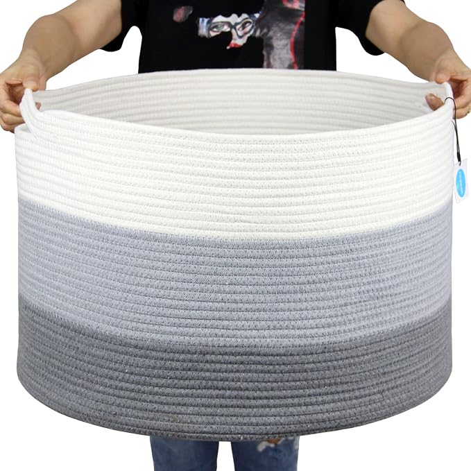 Casaphoria XXXLarge Cotton Rope Basket for Living Room - Woven Storage Basket with Handle for Blankets, Towels and Pillows Laundry Hamper | Light Gray (22" x 22" x 14")