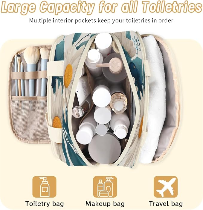 Daisy Flower Travel Toiletry Bag for Women | Vintage Lightweight Waterproof Makeup Cosmetic Bag Large Tote Organizer for Traveling, Toiletries, Accessories