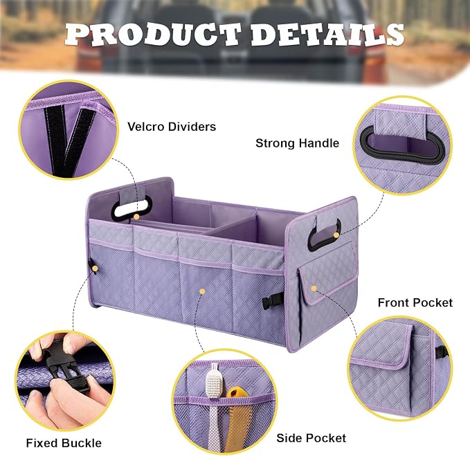 Car Trunk Organizer for SUV, Collapsible Car Storage Organizer Light Purple | Sturdy, Large Capacity, Diamond Decor, Multi Compartment Container Box Adjustable Car Accessories for Sedan Truck