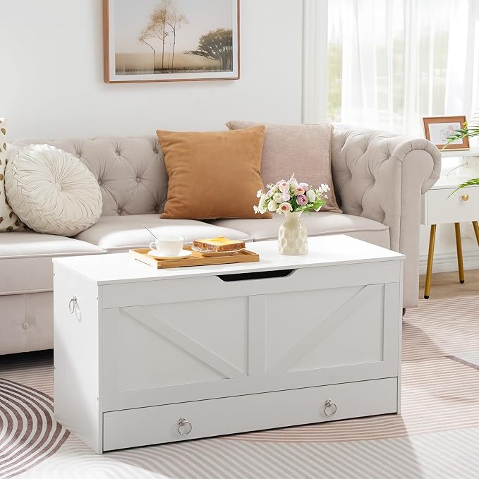 HOOBRO Storage Chest, 39.3" Toy Chest with Drawer, Wooden Storage Bench, Sturdy Entryway Bench Supports 220 lb, Shoe Bench, Safety Hinge, U-Shaped Opening, Easy Assembly, White WT710CW01G2