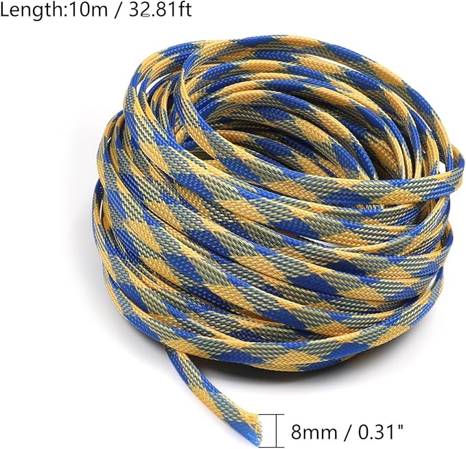 Jutagoss PET Expandable Braided Cable Sleeve, 32.8ft - 5/16 inch Blue Yellow Cable Management Sleeve, Wire Loom Tube Cord Protector for USB Cable, Power Cord, Audio Video and More, 1Pc