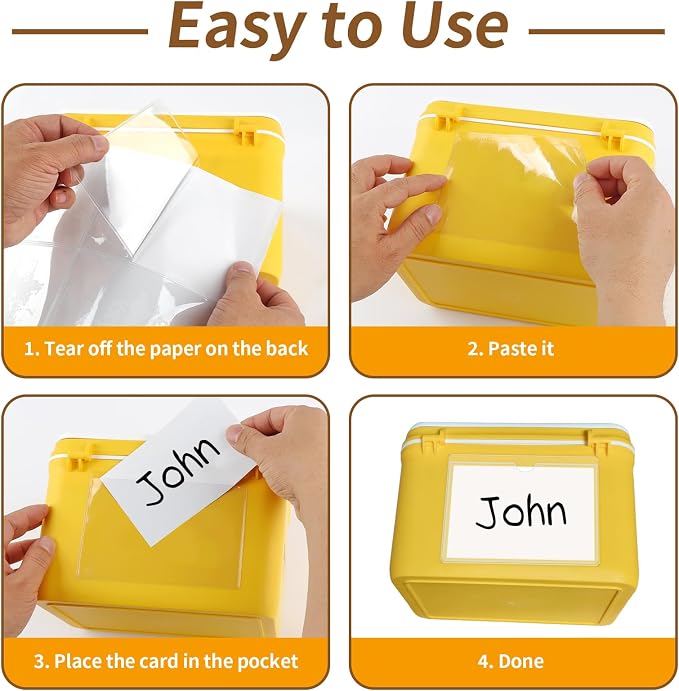 NIUBIER Storage Bin Labels, 36 Pcs Clear Adhesive Pockets, for 3×5 in Card | Removable Tote Label Stickers, Index Card Holder for Tote Box Bins Cabinet, Plastic Label Holders, Waterproof, Sticky Backing