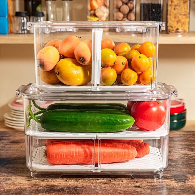 SANNO Fridge Produce Saver Storage Vegetable Fruit Containers Food Produce Saver Container Stackable Refrigerator Organizer Bins Fresh Keeper Drawers Organizer, Set of 4