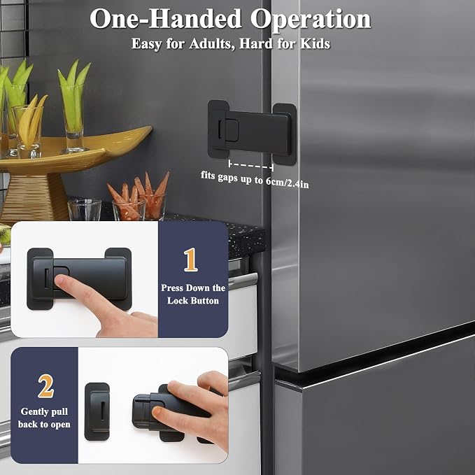 French Fridge Locks for Kids, 1 Pack Baby Safety Refrigerator Lock, Pet/Child Proof Freezer Latch, Cabinet Cupboard Lock with 3M Adhesive, Tool-Free, Drill-Free Install (Matte Black)