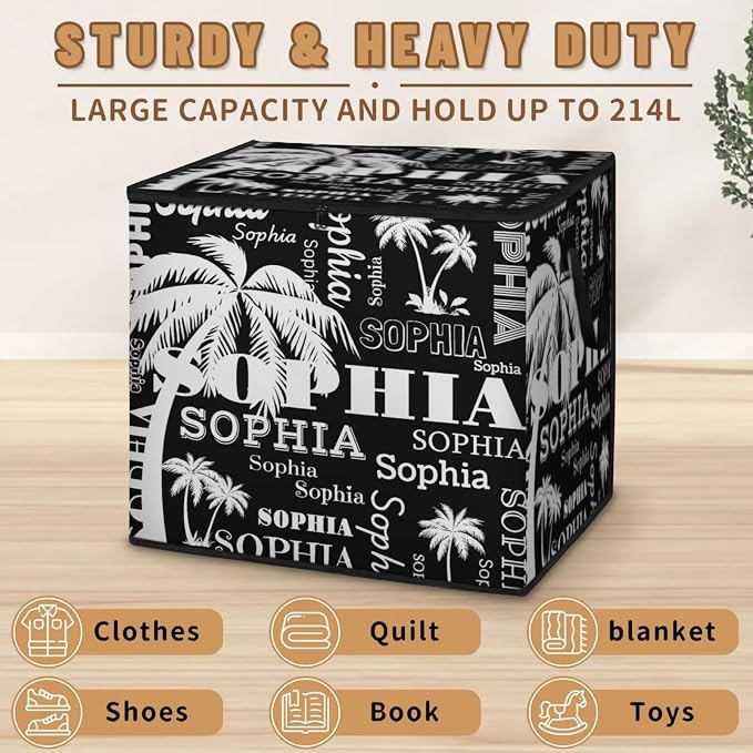 Personalized Extra Storage Bins with Lid, Customized Name Tropical Palm Tree Black Storage Basket Rectangle Clothes Organizer for Organizing Kids Toys Shelf Closet