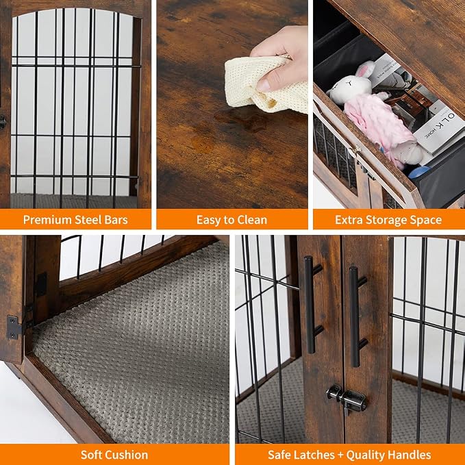 Dog Crate Furniture with Drawers,39.4" Wooden Dog Kennel for Medium/Large Dog,3 Doors Pet House with Cushion