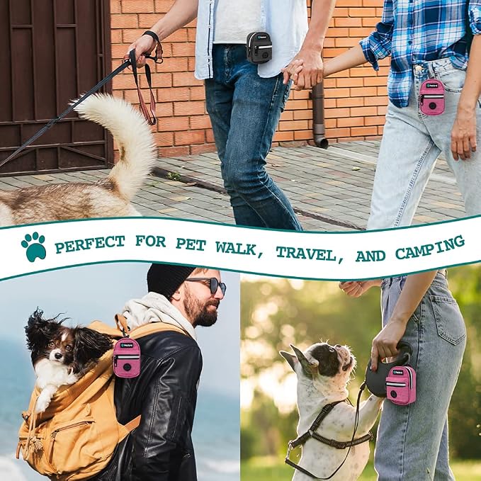 PetAmi Dog Poop Bag Holder for Leash, Waste Bag Dispenser Pet Pouch, Pink | Doggy Puppy Walking Accessories Travel Camping, Dog Treat Pouch Supplies Must Have, Doggie Poo, Jogging, Walks