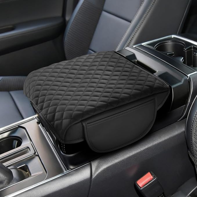Center Console Cover for 2021-2025 2026 Ford F150, 2022-2026 F150 Lightning Work Surface Console Armrest Cushion Leather Protector Interior Accessories (with Pockets Storage Bag)