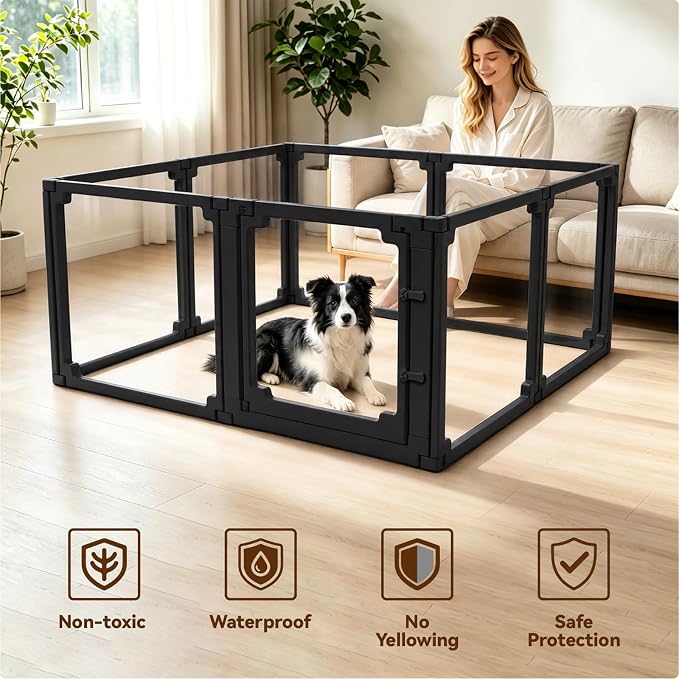 Dog Playpen, Expandable & Stackable Acrylic Dog Play Pen, FlexiSpace Adjustable Clear Dog Enclosure Indoors, Transparent Dog Fence for Dogs Cats Rabbits Small Animals (Black, 24", 8 Panels)